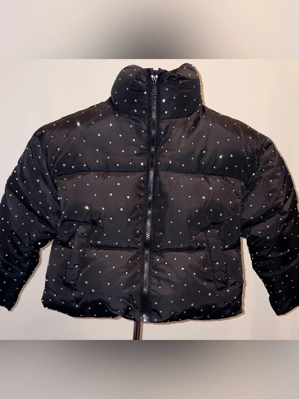 Lola and the Boys Black Sparkle Rhinestone Gem Puffer Jacket sz 6 NWT